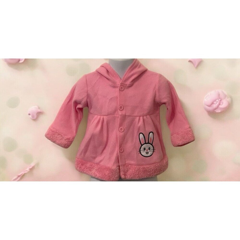 Funny Bunny Girls Button Front Fleece Hoodie Size 12M Pink Embroidered Bunny